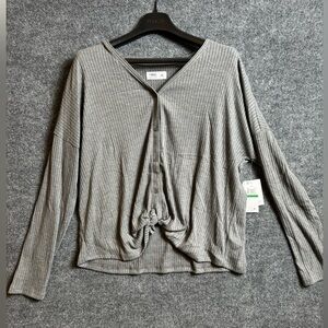 Tinsel Tie Front Grey Ribbed Button Down Long Sleeve Top -Size Petite Large, NWT